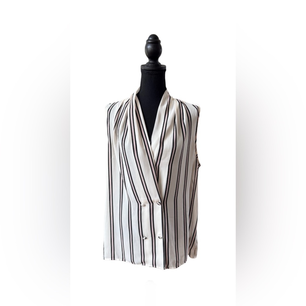Who What Wear White Business Blouse with Red and Black Stripes and Buttons